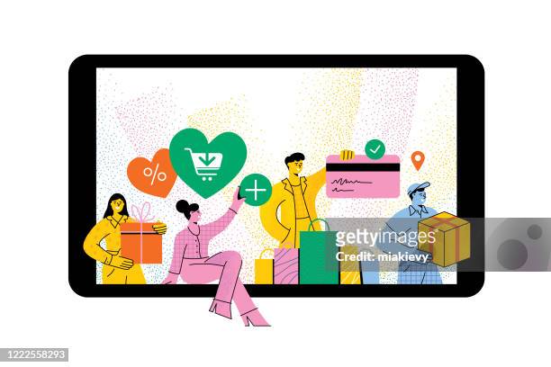 illustrazioni stock, clip art, cartoni animati e icone di tendenza di persone che fanno shopping online - vendita al dettaglio