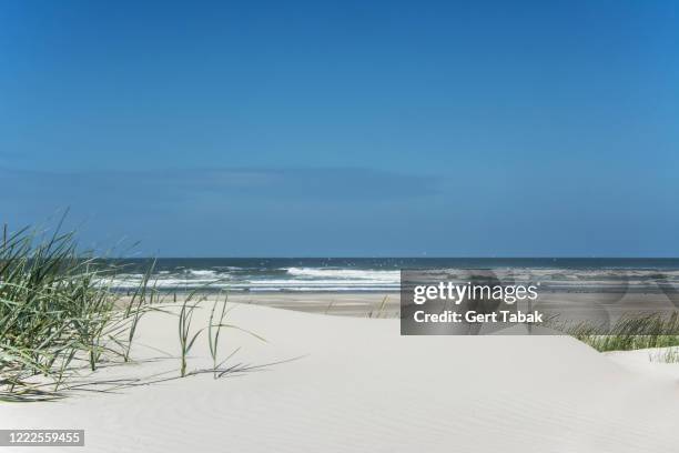 wit strand met blauwe zee en lucht - vlieland stock pictures, royalty-free photos & images