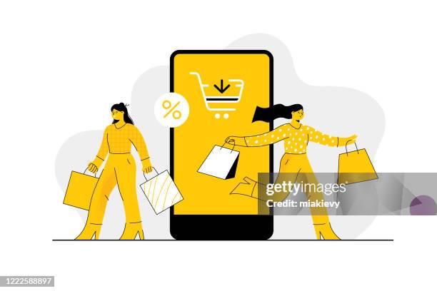 ilustraciones, imágenes clip art, dibujos animados e iconos de stock de compras en línea - compras