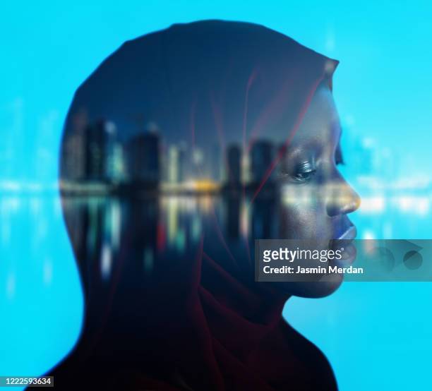 african american girl on night city double exposure - double exposure portrait city stock-fotos und bilder
