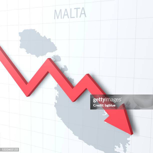falling red arrow with the malta map on the background - uncertainty forecasting stock illustrations