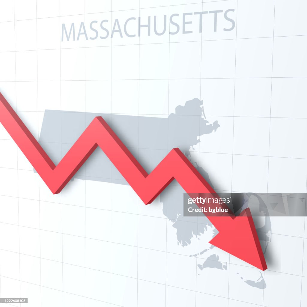Falling red arrow with the Massachusetts map on the background