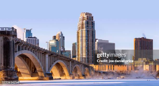 large pano, sunrise, minneapolis, skyline, minnesota, america - minneapolis downtown stock pictures, royalty-free photos & images