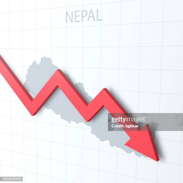 falling red arrow with the nepal map on the background - collapsing stock illustrations