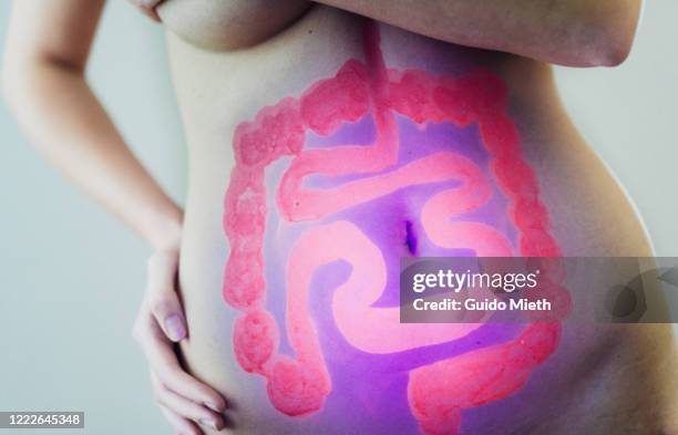 belly of woman with painting showing human digestive system. - body painting woman stockfoto's en -beelden