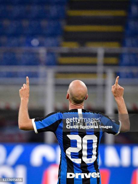 Borja Valero of Internazionale celebrates 3-2 during the Italian Serie A match between Internazionale v Sassuolo at the San Siro on June 24, 2020 in...