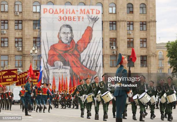 Military formations during a Victory Day military parade, marking the 75th anniversary of the victory in World War II, on June 24, 2020 in Volgograd,...