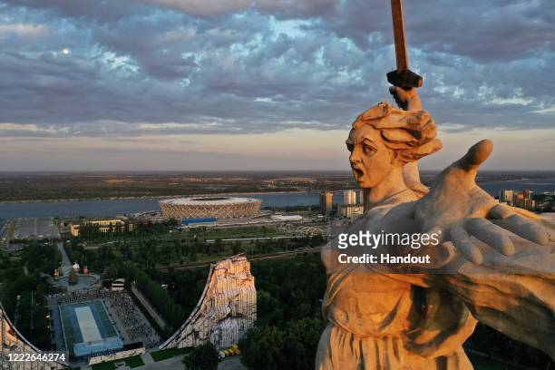 General view of the The Motherland Calls monument on Mamayev Hill after its unveiling ceremony following restoration, timed to coincide with the 75th...
