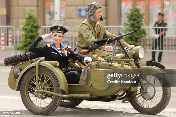 Military vehicles during a Victory Day military parade, marking the 75th anniversary of the victory in World War II, on June 24, 2020 in Volgograd,...