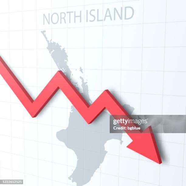 stockillustraties, clipart, cartoons en iconen met dalende rode pijl met de kaart van het eiland van het noorden op de achtergrond - recessie