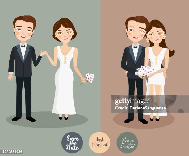 cute bride and groom vector illustration - asian bride stock illustrations