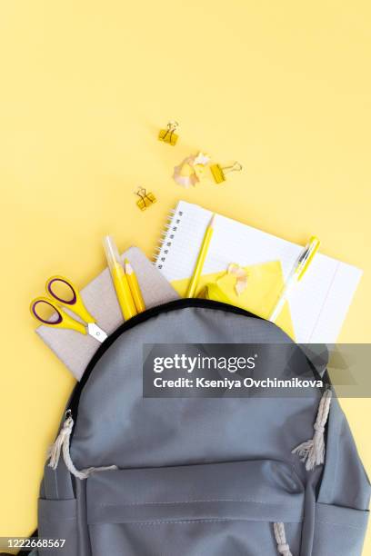 back to school concept. backpack with school supplies. top view. copy space - colorful stationary stock pictures, royalty-free photos & images