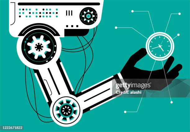 stockillustraties, clipart, cartoons en iconen met kunstmatige intelligentie robot (robotarm) die een klok draagt (tijd) - arm span