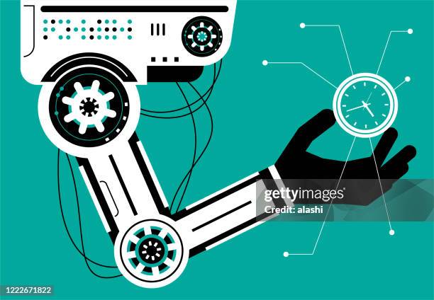 artificial intelligence robot (robotic arm) carrying a clock (time) - cyborg stock illustrations