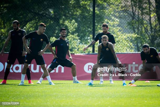 Lionel Messi of Barcelona and Neymar of Barcelona warm with other teammates during the International Champions Cup Barcelona training session. On...