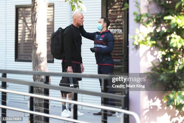 Roosters assistant coach Craig Fitzgibbon has his temperature checked whilst arriving at Sydney Roosters headquarters on May 04, 2020 in Sydney,...