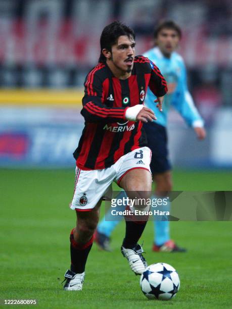Gennaro Gattuso of AC Milan in action during the Serie A match between AC Milan and SS Lazio at the Stadio Giuseppe Meazza on October 19, 2003 in...