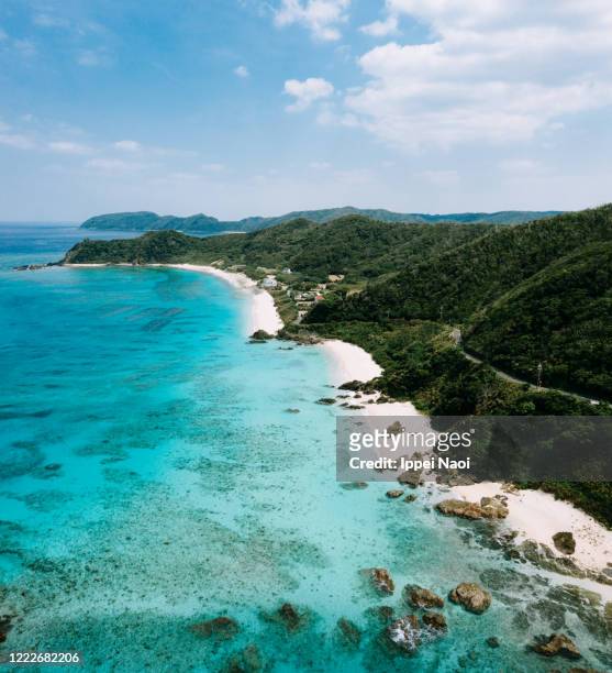 aerial view of tropical beach with clear blue water, amami oshima, japan - amami stock-fotos und bilder