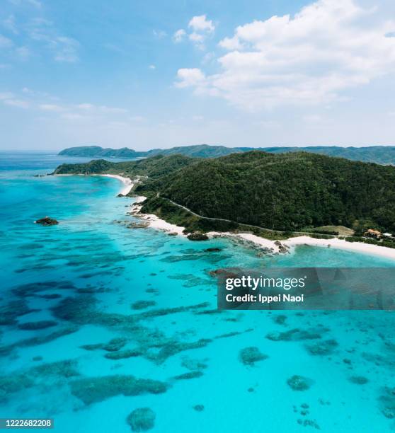 aerial view of tropical coastline with turquoise water, amami oshima, japan - amami stock-fotos und bilder