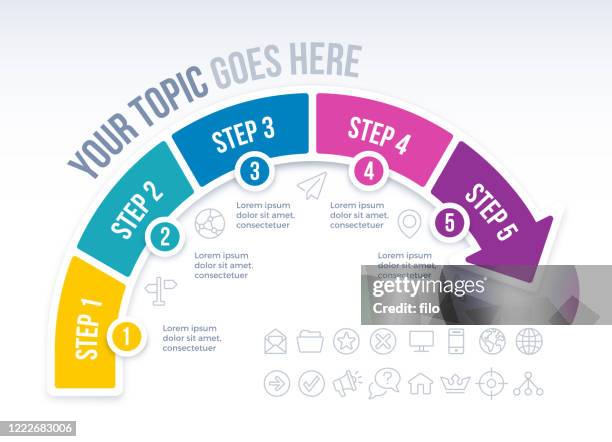 ilustraciones, imágenes clip art, dibujos animados e iconos de stock de infografía de cinco pasos flecha avanzando - 5 step process cycle