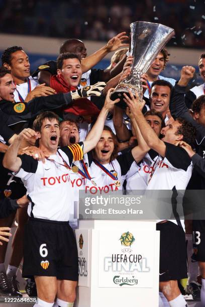 Captain David Albelda of Valencia lifts the trophy after winning the UEFA Cup final between Valencia and Olympique Marseille at the Ullevi on May 19,...