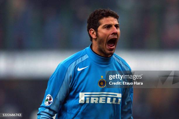 Francesco Toldo of Inter Milan reacts during the Serie A match between Inter Milan and Juventus at the Stadio Giuseppe Meazza on November 28, 2004 in...