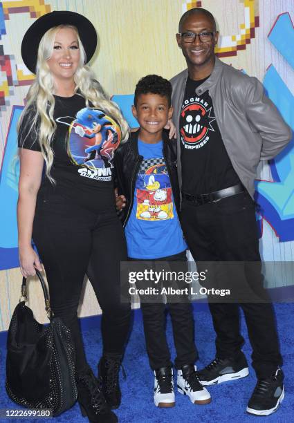Tommy Davidson with wife Amanda Moore and son Isaiah Davidson attend the LA Special Screening Of Paramount's "Sonic The Hedgehog" held at Regency...