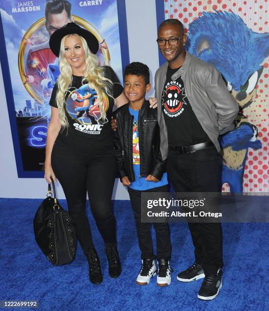 Tommy Davidson with wife Amanda Moore and son Isaiah Davidson attend the LA Special Screening Of Paramount's "Sonic The Hedgehog" held at Regency...