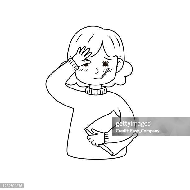 black and white illustration of asian women using a thermometer by measuring her temperature and her feeling sick by using her hand touching her forehead.for coloring page. - headache child stock illustrations