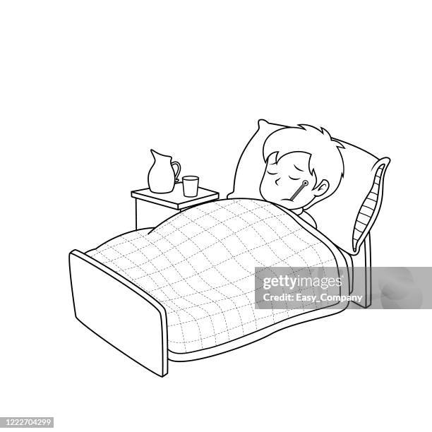 schwarz-weiß illustration von asiatischen männern, die ein thermometer verwenden, indem sie seine temperatur messen, und er fühlte sich krank und legte sich auf sein bett. - fever stock-grafiken, -clipart, -cartoons und -symbole