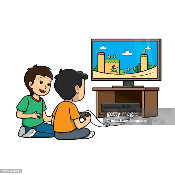 gaming entertainment & leisure. flat vector illustration.two boys kids sitting at tv screen playing a console video game together with gamepad controllers. children gamers cartoon characters. - children playing video games on sofa stock illustrations