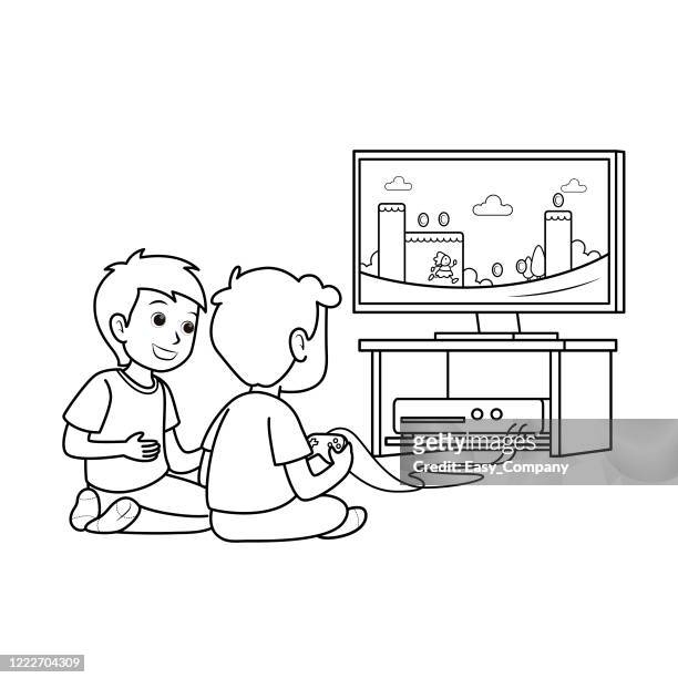gaming entertainment & leisure. flat vector illustration.two boys kids sitting at tv screen playing a console video game together with gamepad controllers. children gamers cartoon characters. - coloring stock illustrations