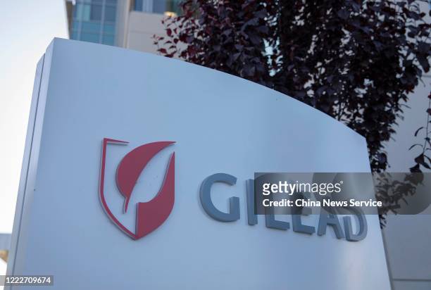 Sign is posted outside Gilead Sciences Inc. Headquarters on May 3, 2020 in Foster City, California.