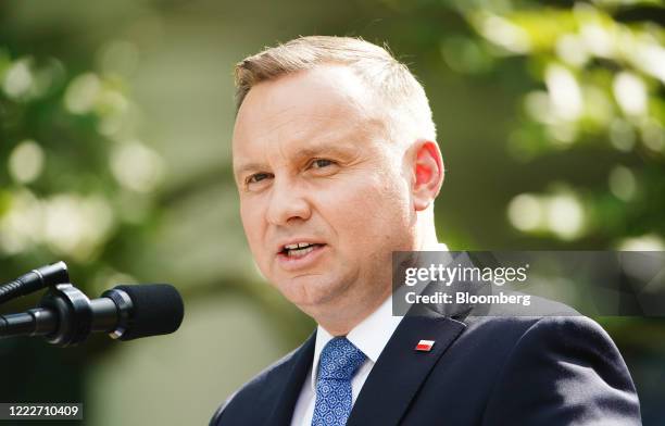 Andrzej Duda, Poland's president, speaks during a news conference with U.S. President Donald Trump, not pictured, in the Rose Garden of the White...