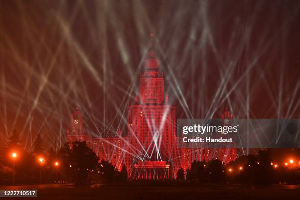 The main building of Lomonosov Moscow State University is seen here during the Rays of Victory event, marking the 75th anniversary of the victory in...