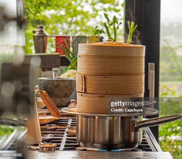 close up shot of a japanese cooking steamer. - steamer stock pictures, royalty-free photos & images