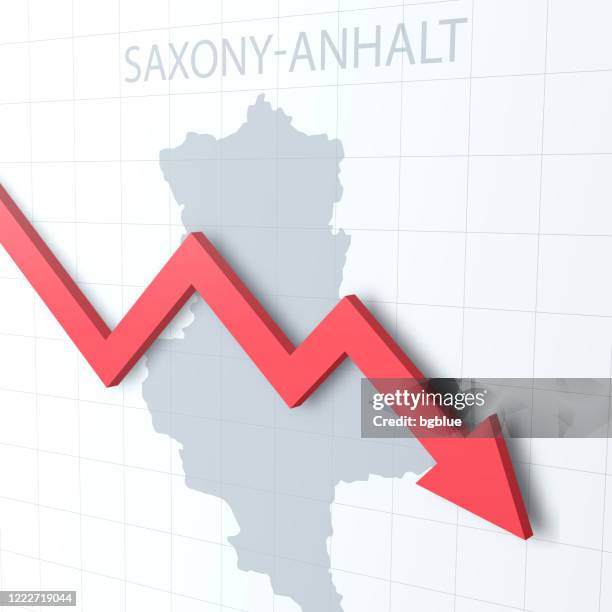 falling red arrow with the saxony-anhalt map on the background - uncertainty graph stock illustrations