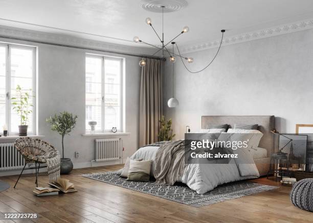 representación 3d de un dormitorio tradional de principios de siglo - bedroom fotografías e imágenes de stock