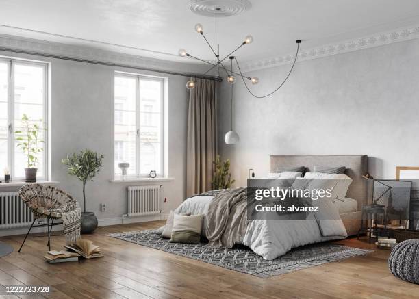 3d-weergave van een tradional turn-of-the-century slaapkamer - bright bedroom stockfoto's en -beelden