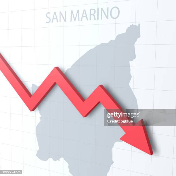 falling red arrow with the san marino map on the background - uncertainty forecasting stock illustrations