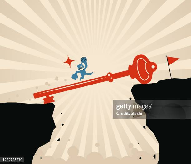 businessman running fast along a big (key) bridge to cross over the cliff to get to the red flag, the key to success in business - helping to cross the bridge stock illustrations