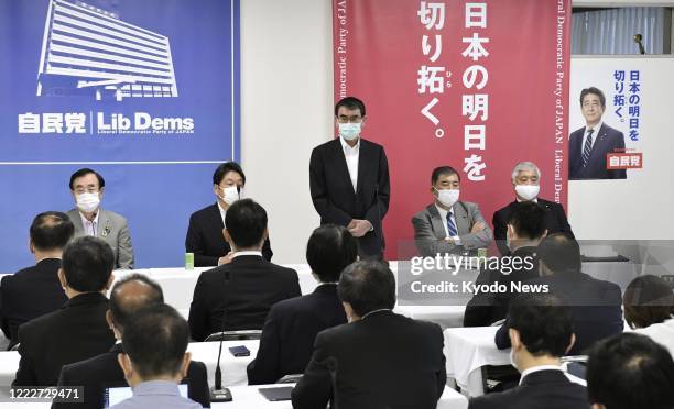 Japanese Defense Minister Taro Kono speaks at a meeting of the ruling Liberal Democratic Party in Tokyo on June 25, 2020. He said Japan has scrapped...