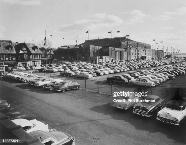 General view of cars parked outside the International Amphitheatre where the 1960 Republican National Convention was taking place, Chicago, Illinois,...