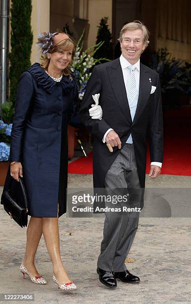 Prince Leopold of Bavaria and Princess Uschi of Bavaria attend the religious wedding ceremony of Georg Friedrich Ferdinand Prince of Prussia to...
