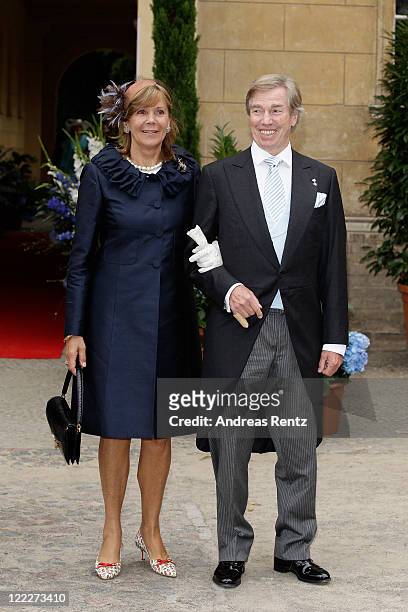 Prince Leopold of Bavaria and Princess Uschi of Bavaria attend the religious wedding ceremony of Georg Friedrich Ferdinand Prince of Prussia to...