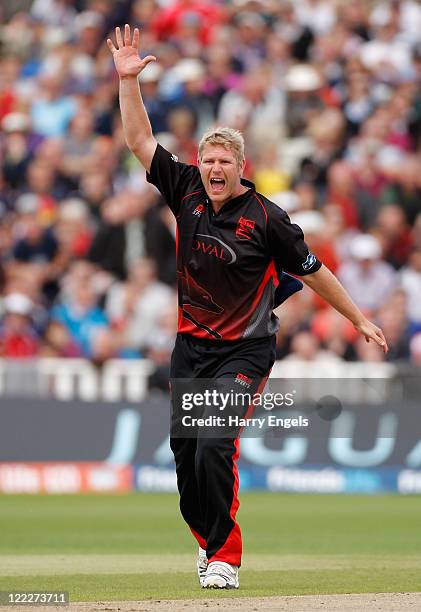 Matthew Hoggard of Leicestershire appeals unsuccessfully for a wicket during the Friends Life T20 semi final match between Leicestershire and...