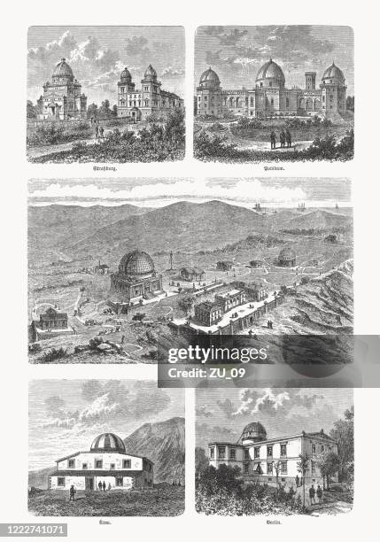 european observatories, wood engravings, published in 1893 - etna volcano stock illustrations
