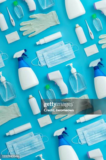 covid 19 medical and disinfection cleaning products. - clearing products stockfoto's en -beelden