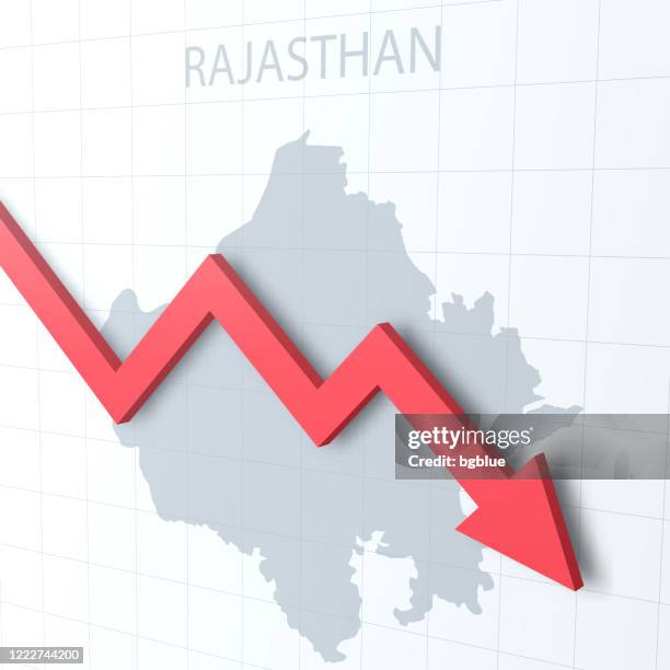 falling red arrow with the rajasthan map on the background - rajasthan market stock illustrations
