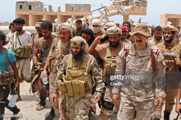 Fighters loyal to Yemen's separatist Southern Transitional Council are pictured in the southern Abyan province on June 24, 2020. - The Saudi-led...